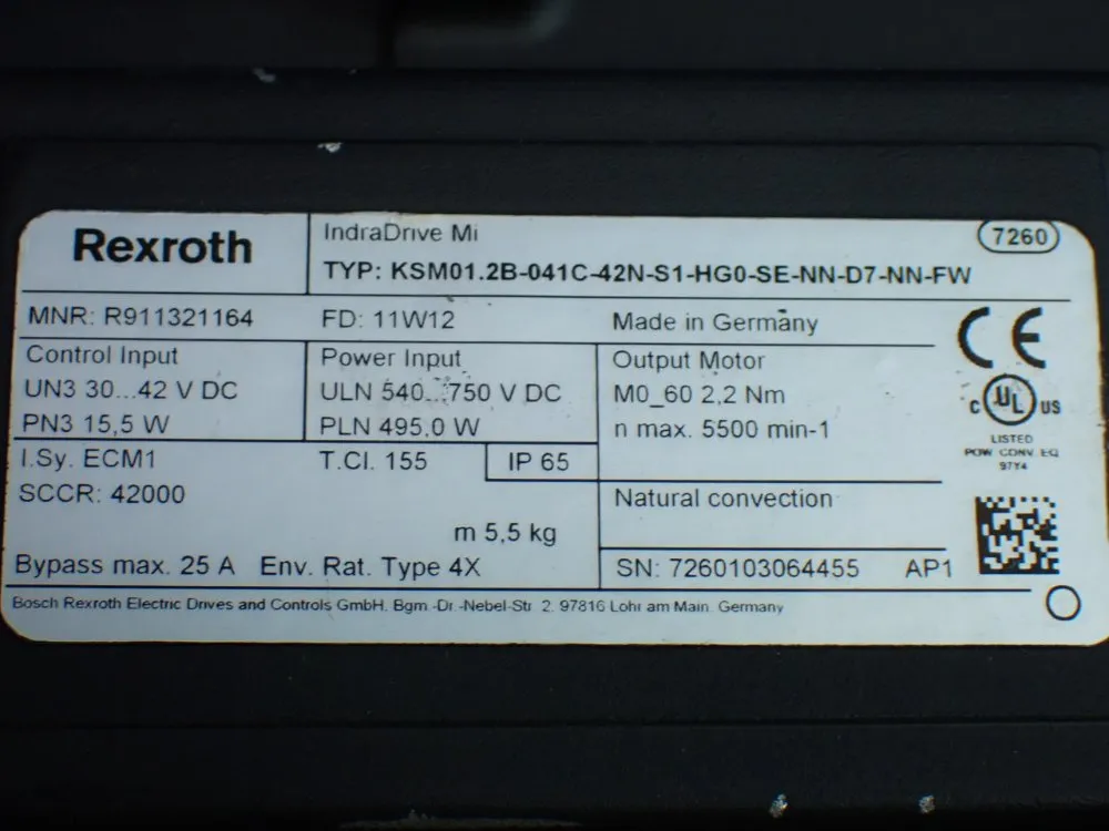 Rexroth 5500rpm, 2.2nm Continuous Torque. 9.4nm Max Torque Indradrive Mi Servo Motor: Ksm01.2b-041c-42n-s1-hg0-se-nn-d7-nn-fw - R911321164