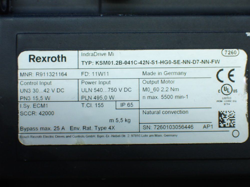 Rexroth 5500rpm, 2.2nm Continuous Torque. 9.4nm Max Torque Indradrive Mi Servo Motor: Ksm01.2b-041c-42n-s1-hg0-se-nn-d7-nn-fw - R911321164