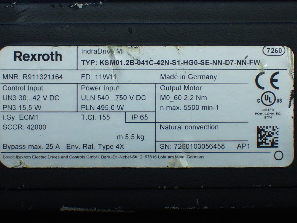 Rexroth 5500rpm, 2.2nm Continuous Torque. 9.4nm Max Torque Indradrive Mi Servo Motor: Ksm01.2b-041c-42n-s1-hg0-se-nn-d7-nn-fw - R911321164