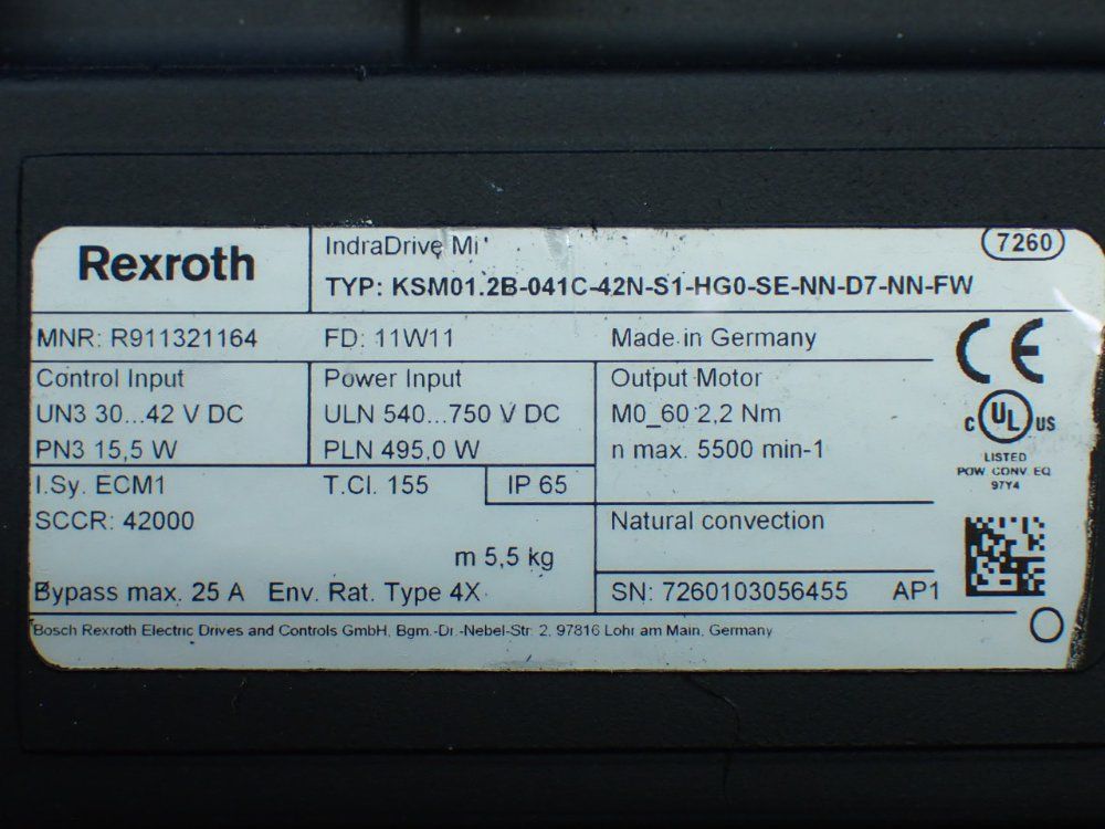 Rexroth 5500rpm, 2.2nm Continuous Torque. 9.4nm Max Torque Indradrive Mi Servo Motor: Ksm01.2b-041c-42n-s1-hg0-se-nn-d7-nn-fw - R911321164