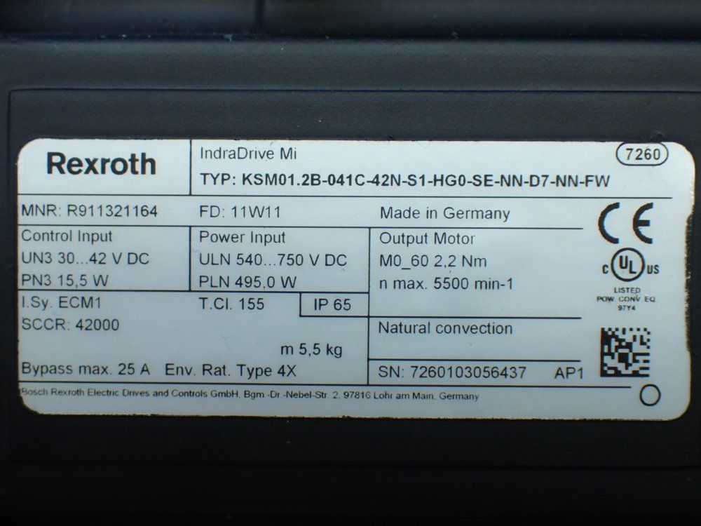 Rexroth 5500rpm, 2.2nm Continuous Torque. 9.4nm Max Torque Indradrive Mi Servo Motor: Ksm01.2b-041c-42n-s1-hg0-se-nn-d7-nn-fw - R911321164