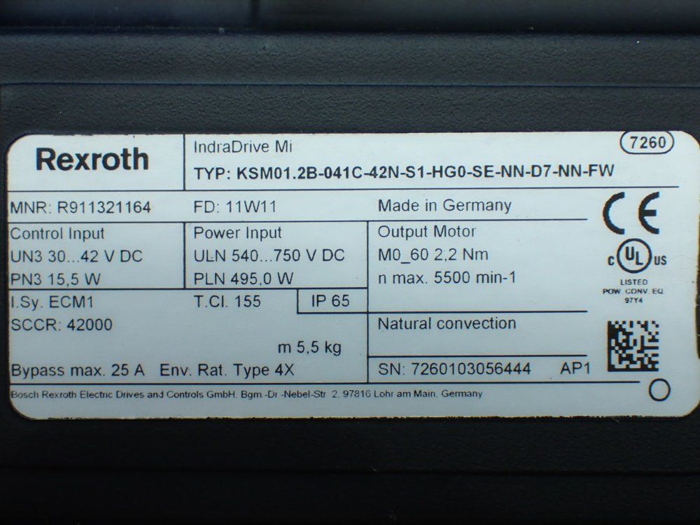 Rexroth 5500rpm, 2.2nm Continuous Torque. 9.4nm Max Torque Indradrive Mi Servo Motor: Ksm01.2b-041c-42n-s1-hg0-se-nn-d7-nn-fw - R911321164