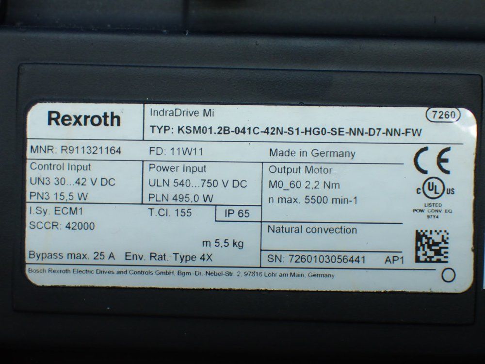 Rexroth 5500rpm, 2.2nm Continuous Torque. 9.4nm Max Torque Indradrive Mi Servo Motor: Ksm01.2b-041c-42n-s1-hg0-se-nn-d7-nn-fw - R911321164