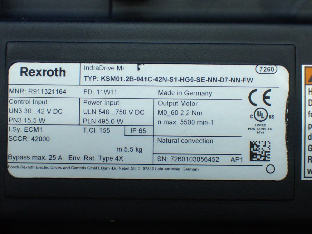 Rexroth 5500rpm, 2.2nm Continuous Torque. 9.4nm Max Torque Indradrive Mi Servo Motor: Ksm01.2b-041c-42n-s1-hg0-se-nn-d7-nn-fw - R911321164