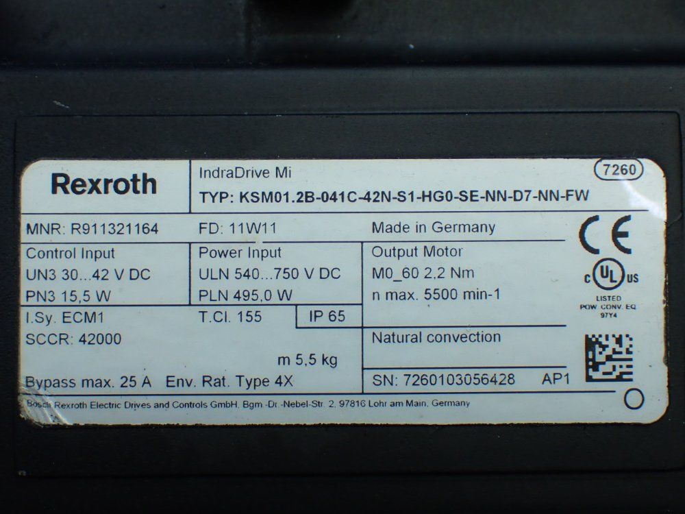 Rexroth 5500rpm, 2.2nm Continuous Torque. 9.4nm Max Torque Indradrive Mi Servo Motor: Ksm01.2b-041c-42n-s1-hg0-se-nn-d7-nn-fw - R911321164
