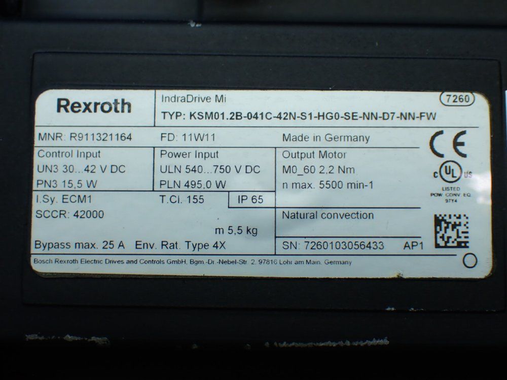Rexroth 5500rpm, 2.2nm Continuous Torque. 9.4nm Max Torque Indradrive Mi Servo Motor: Ksm01.2b-041c-42n-s1-hg0-se-nn-d7-nn-fw - R911321164