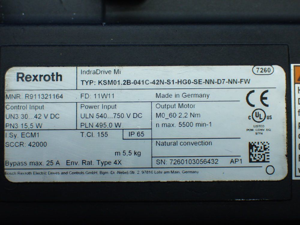 Rexroth 5500rpm, 2.2nm Continuous Torque. 9.4nm Max Torque Indradrive Mi Servo Motor: Ksm01.2b-041c-42n-s1-hg0-se-nn-d7-nn-fw - R911321164