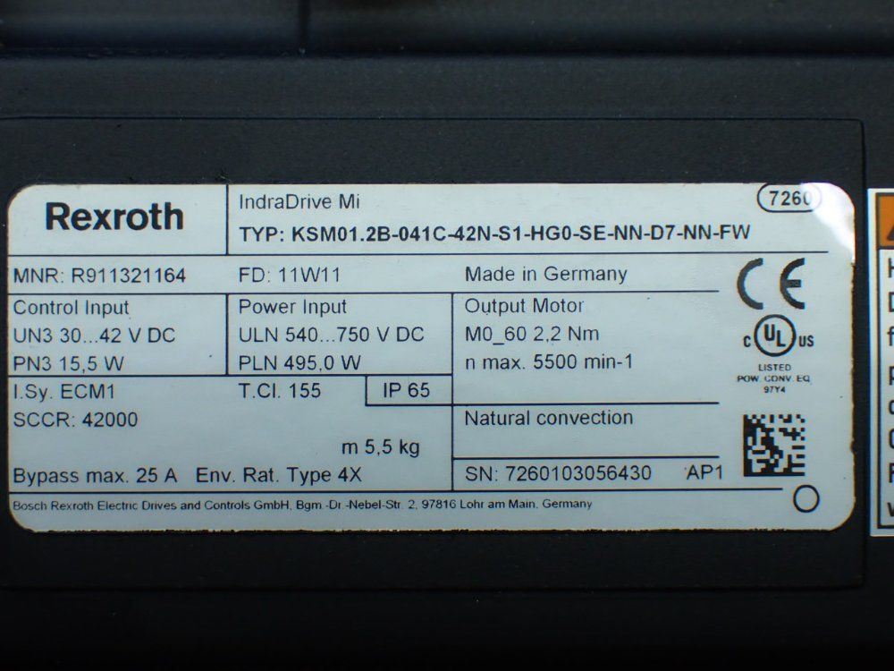 Rexroth 5500rpm, 2.2nm Continuous Torque. 9.4nm Max Torque Indradrive Mi Servo Motor: Ksm01.2b-041c-42n-s1-hg0-se-nn-d7-nn-fw - R911321164