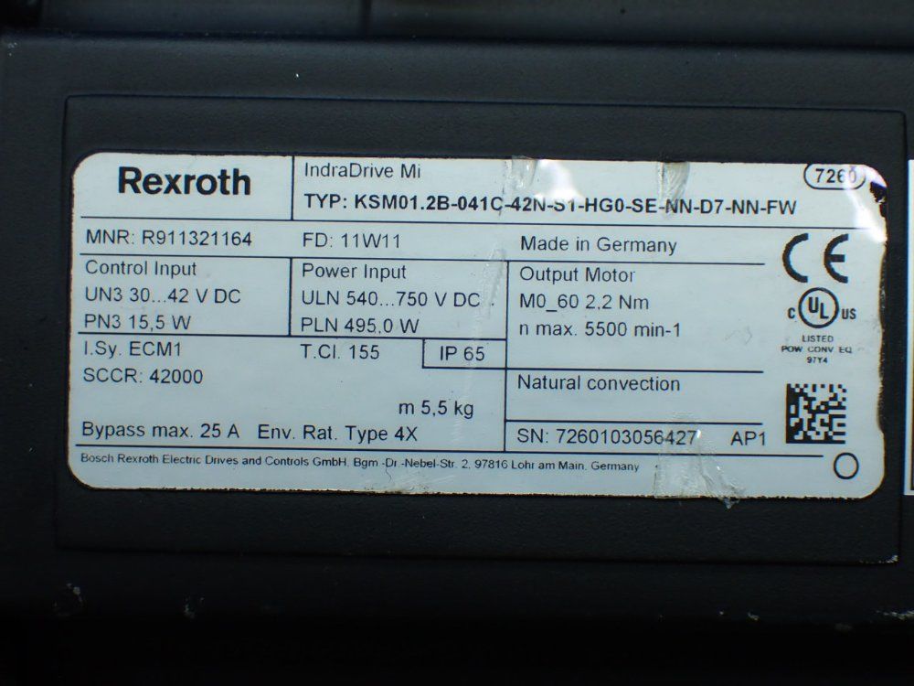 Rexroth 5500rpm, 2.2nm Continuous Torque. 9.4nm Max Torque Indradrive Mi Servo Motor: Ksm01.2b-041c-42n-s1-hg0-se-nn-d7-nn-fw - R911321164