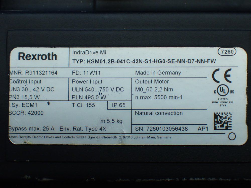 Rexroth 5500rpm, 2.2nm Continuous Torque. 9.4nm Max Torque Indradrive Mi Servo Motor: Ksm01.2b-041c-42n-s1-hg0-se-nn-d7-nn-fw - R911321164