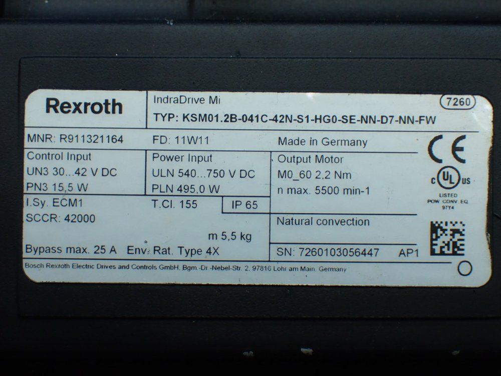 Rexroth 5500rpm, 2.2nm Continuous Torque. 9.4nm Max Torque Indradrive Mi Servo Motor: Ksm01.2b-041c-42n-s1-hg0-se-nn-d7-nn-fw - R911321164
