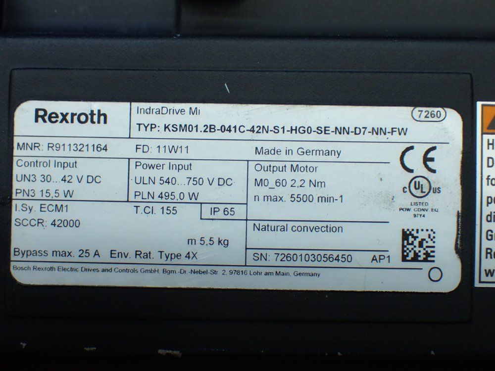 Rexroth 5500rpm, 2.2nm Continuous Torque. 9.4nm Max Torque Indradrive Mi Servo Motor: Ksm01.2b-041c-42n-s1-hg0-se-nn-d7-nn-fw - R911321164