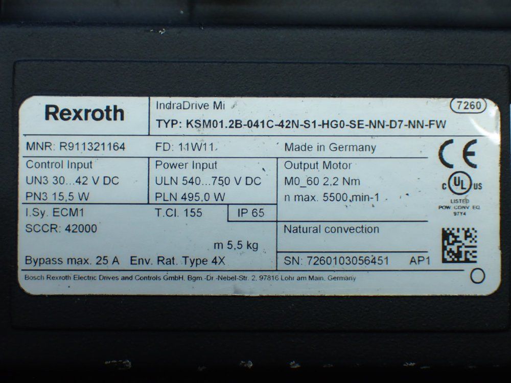 Rexroth 5500rpm, 2.2nm Continuous Torque. 9.4nm Max Torque Indradrive Mi Servo Motor: Ksm01.2b-041c-42n-s1-hg0-se-nn-d7-nn-fw - R911321164
