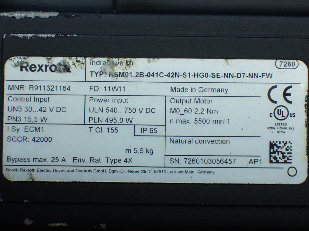 Rexroth 5500rpm, 2.2nm Continuous Torque. 9.4nm Max Torque Indradrive Mi Servo Motor: Ksm01.2b-041c-42n-s1-hg0-se-nn-d7-nn-fw - R911321164