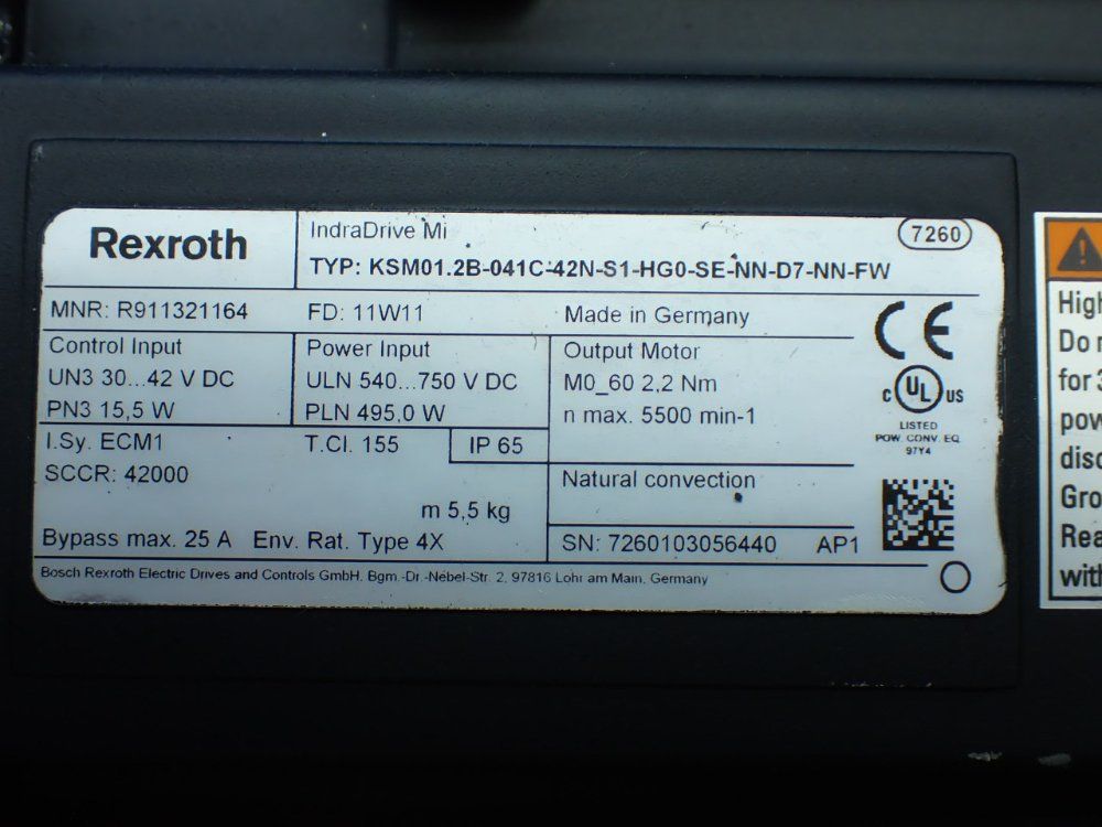 Rexroth 5500rpm, 2.2nm Continuous Torque. 9.4nm Max Torque Indradrive Mi Servo Motor: Ksm01.2b-041c-42n-s1-hg0-se-nn-d7-nn-fw - R911321164