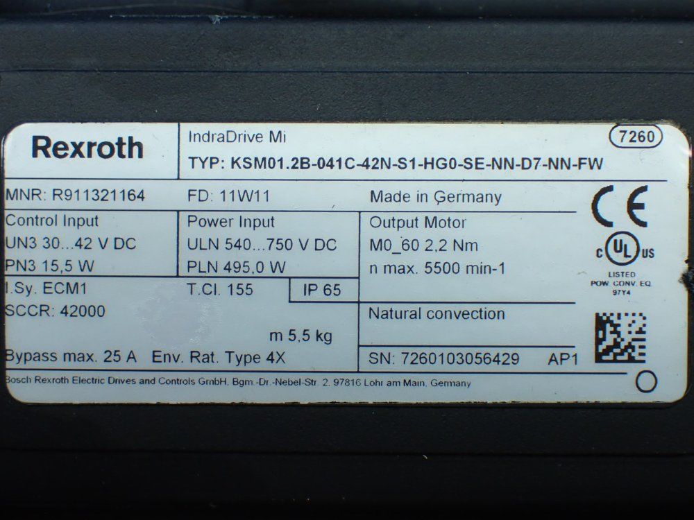 Rexroth 5500rpm, 2.2nm Continuous Torque. 9.4nm Max Torque Indradrive Mi Servo Motor: Ksm01.2b-041c-42n-s1-hg0-se-nn-d7-nn-fw - R911321164