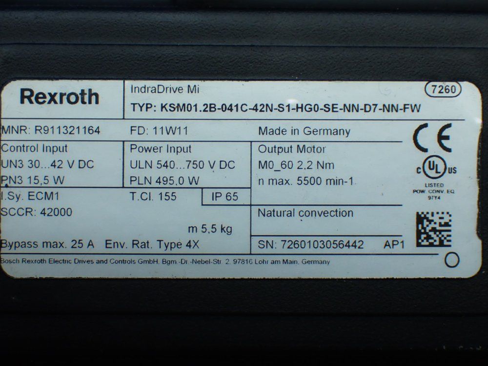 Rexroth 5500rpm, 2.2nm Continuous Torque. 9.4nm Max Torque Indradrive Mi Servo Motor: Ksm01.2b-041c-42n-s1-hg0-se-nn-d7-nn-fw - R911321164