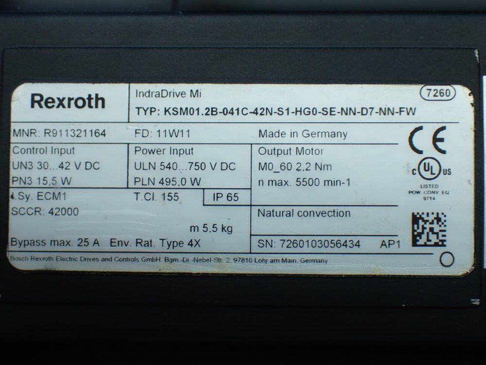Rexroth 5500rpm, 2.2nm Continuous Torque. 9.4nm Max Torque Indradrive Mi Servo Motor: Ksm01.2b-041c-42n-s1-hg0-se-nn-d7-nn-fw - R911321164