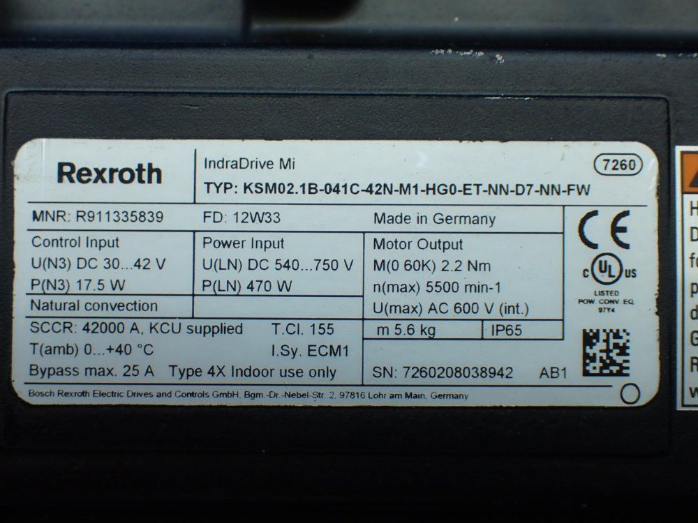 Rexroth 5500rpm, 2.2nm Continuous Torque. 9.4nm Max Torque Indradrive Mi Servo Motor: Ksm02.1b-041c-42n-m1-hg0-et-nn-d7-nn-fw - R911335839