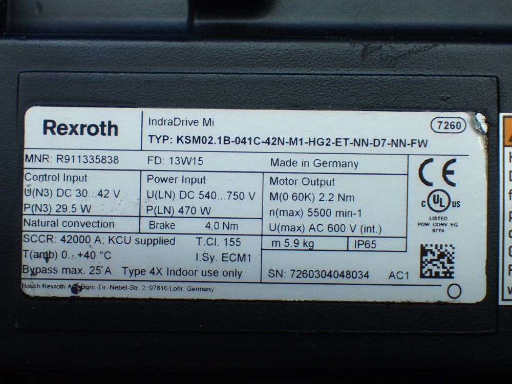 Rexroth 5500rpm, 2.2nm Continuous Torque. 9.4nm Max Torque Indradrive Mi Servo Motor: Ksm02.1b-041c-42n-m1-hg2-et-nn-d7-nn-fw - R911335838