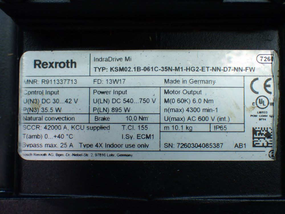 Rexroth 4300rpm 6nm Continuous Torque Indradrive Mi Servo Motor: Ksm02.1b-061c-35n-m1-hg2-et-nn-d7-nn-fw - R911337713