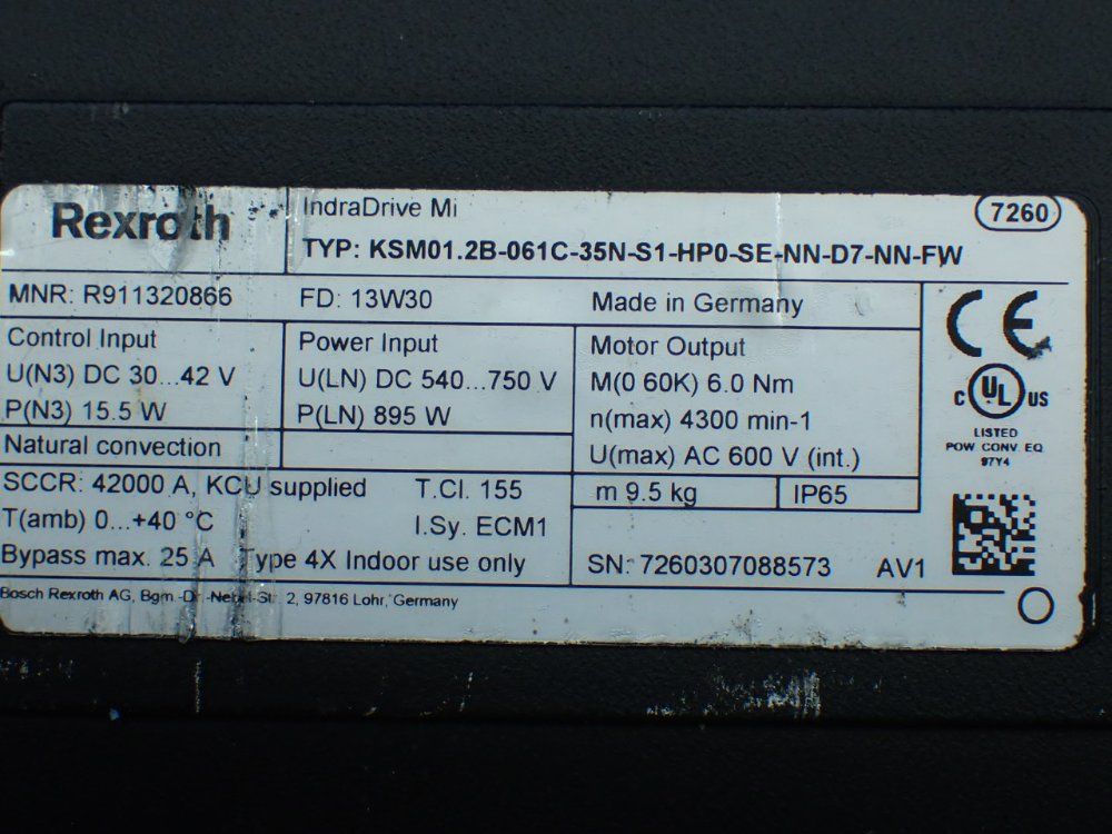 Rexroth 4300rpm 6nm Continuous Torque Indradrive Mi Servo Motor: Ksm01.2b-061c-35n-s1-hp0-se-nn-d7-nn-fw - R911320866
