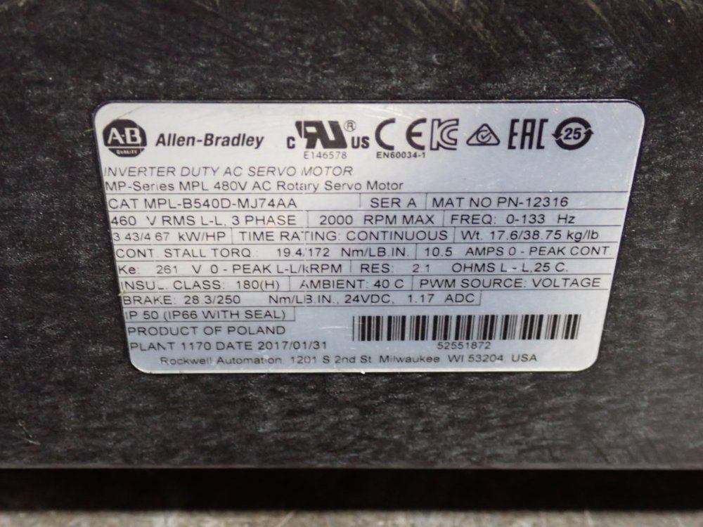 Allen Bradley 3.43 Kw Servo Motor - Mpl-b540d-mj74aa
