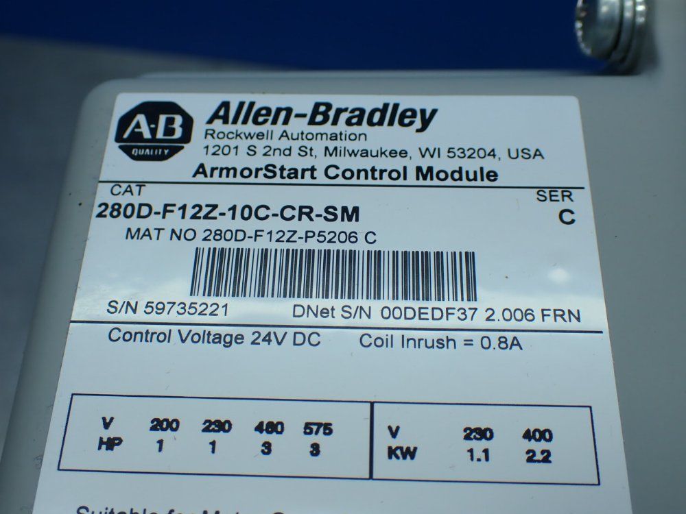 Allen-bradley Armorstart Combination Starter And Base - 280d-f12z-10c-cr-sm