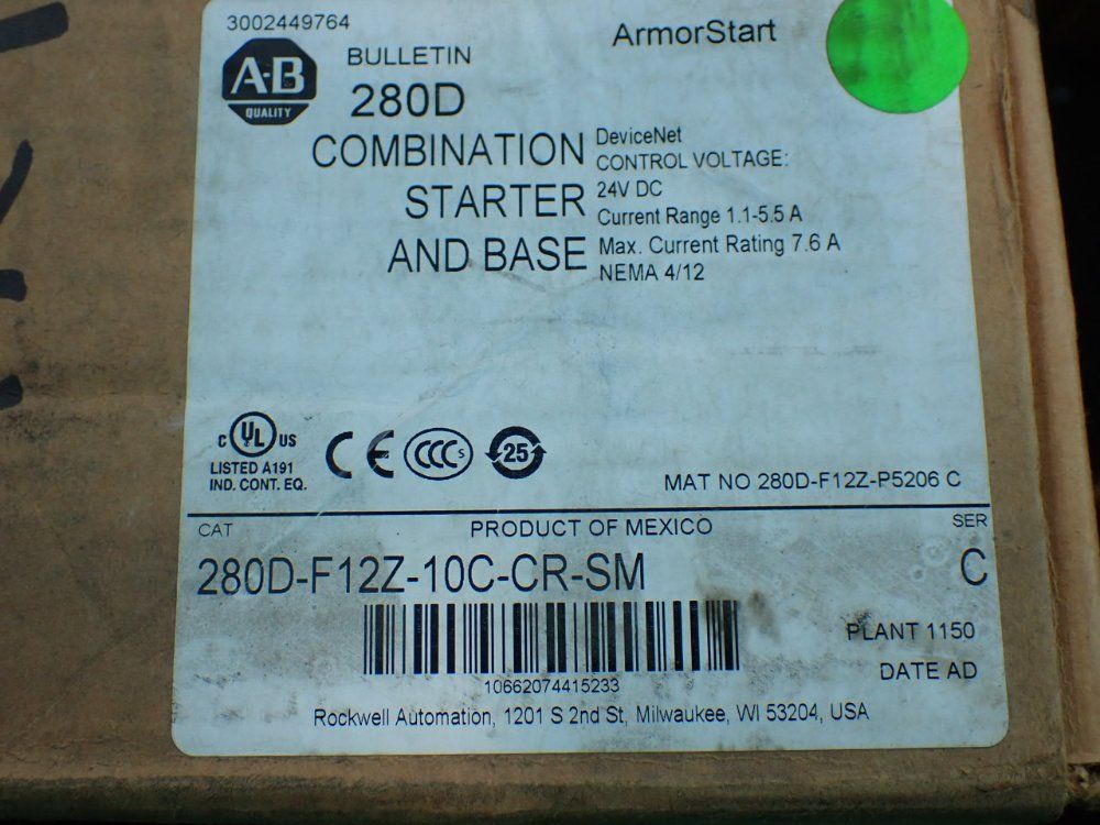 Allen-bradley Armorstart Combination Starter And Base - 280d-f12z-10c-cr-sm