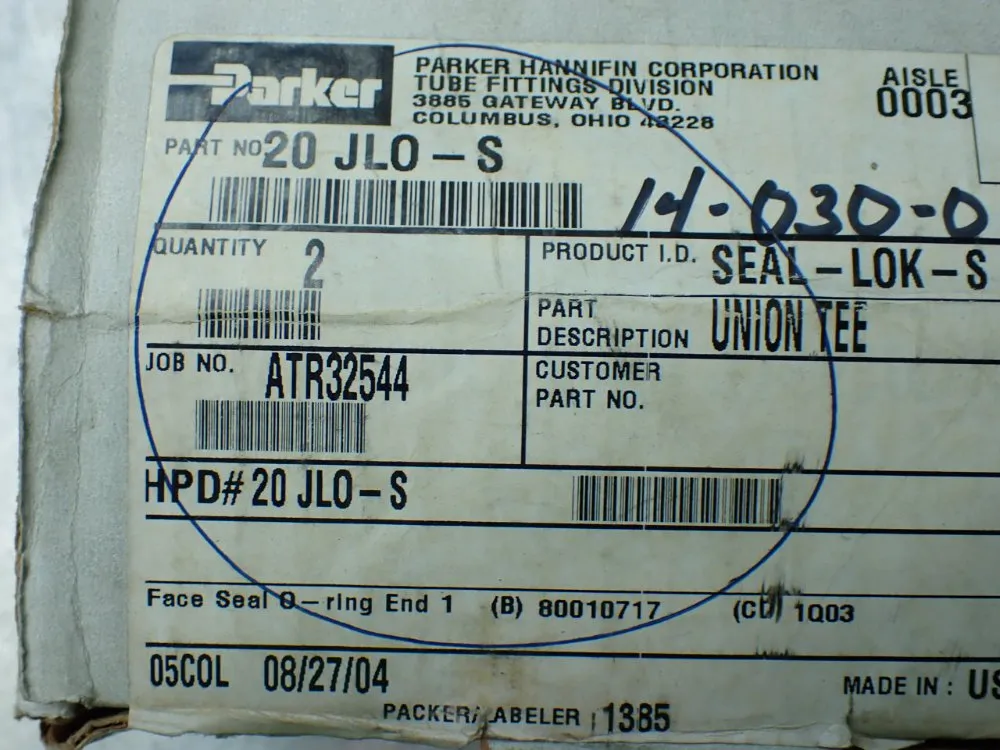 Parker 2 Seal-lok-s Hydraulic Union Ts - 20jlo-s