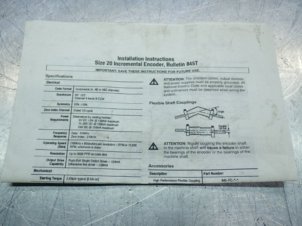 Allen Bradley Optical Incremental Encoder Unit - 845t-dz43pcn-5