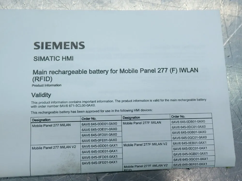 Siemens Main Battery Mobile Panel Iwlan Lithium Battery - 6av6671-5cl00-0ax0