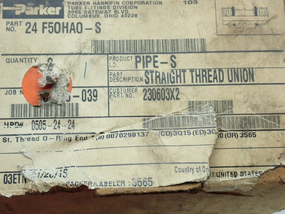 Parker Straight Thread Union Fitting - 24-f50ha0-s