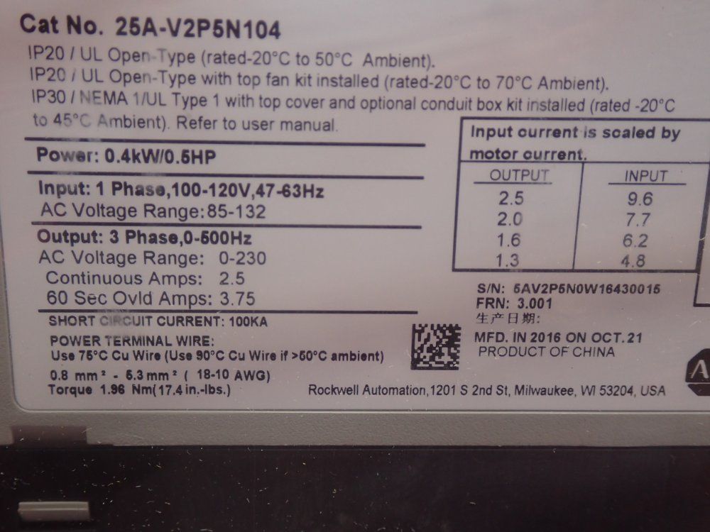 Allen Bradley 1 Hp Ac Drive - 25b-d2p3n104