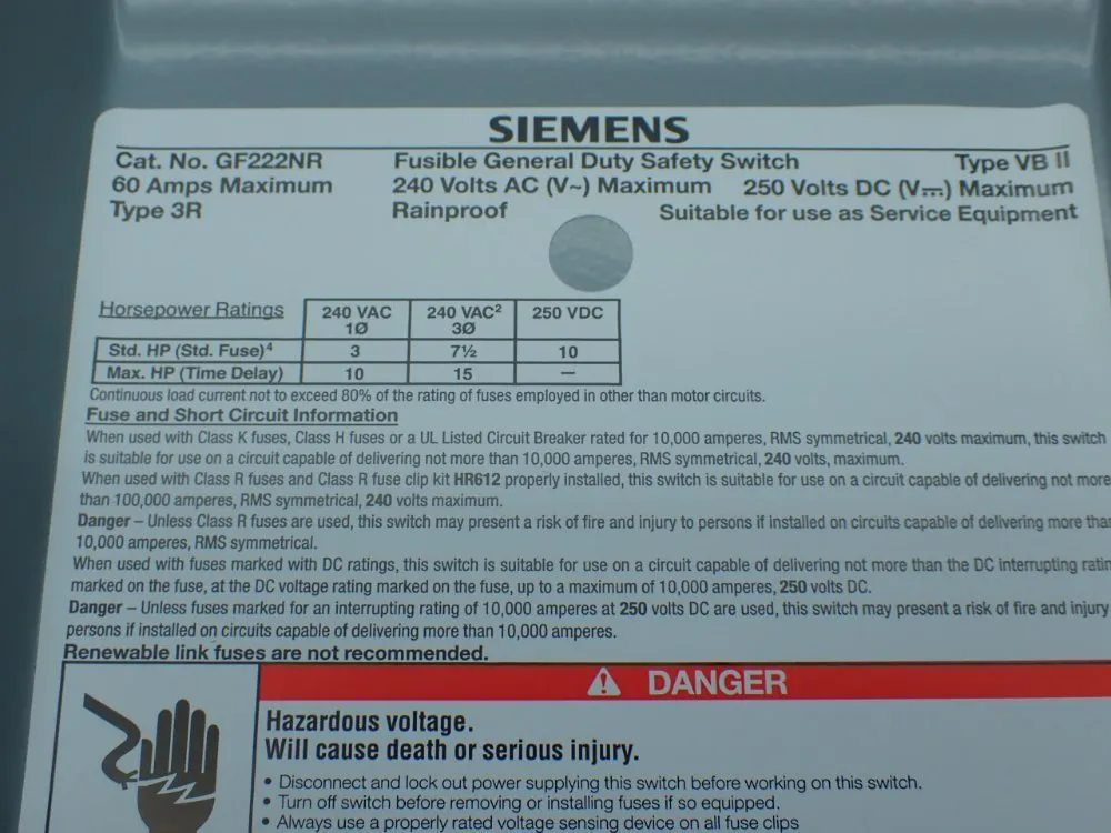 Siemens Fusible General Duty Safety Switch - Gf222nr