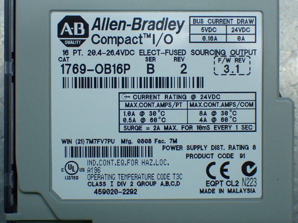 Allen-bradley 16pt 24vdc Elect-fused Sourcing Output - 1769-ob16p