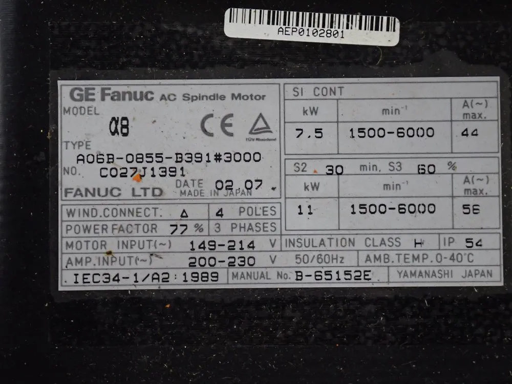Fanuc 7.5 Kw Spindle Motor - A06b-0855-b391#3000