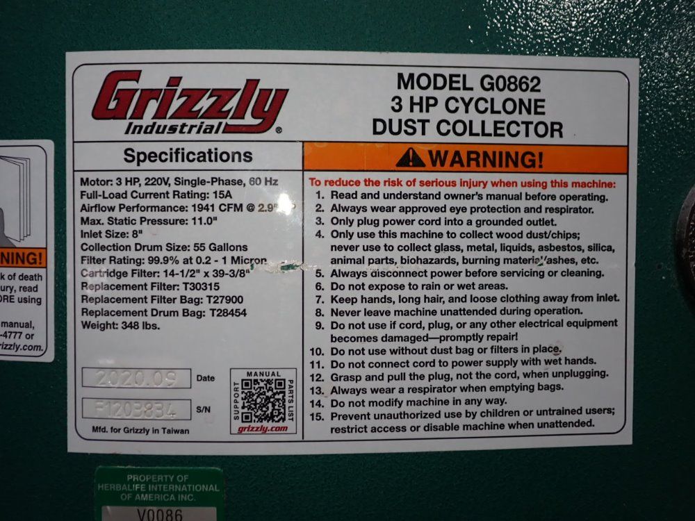 Grizzly 3 Hp Dust Collector - G0862