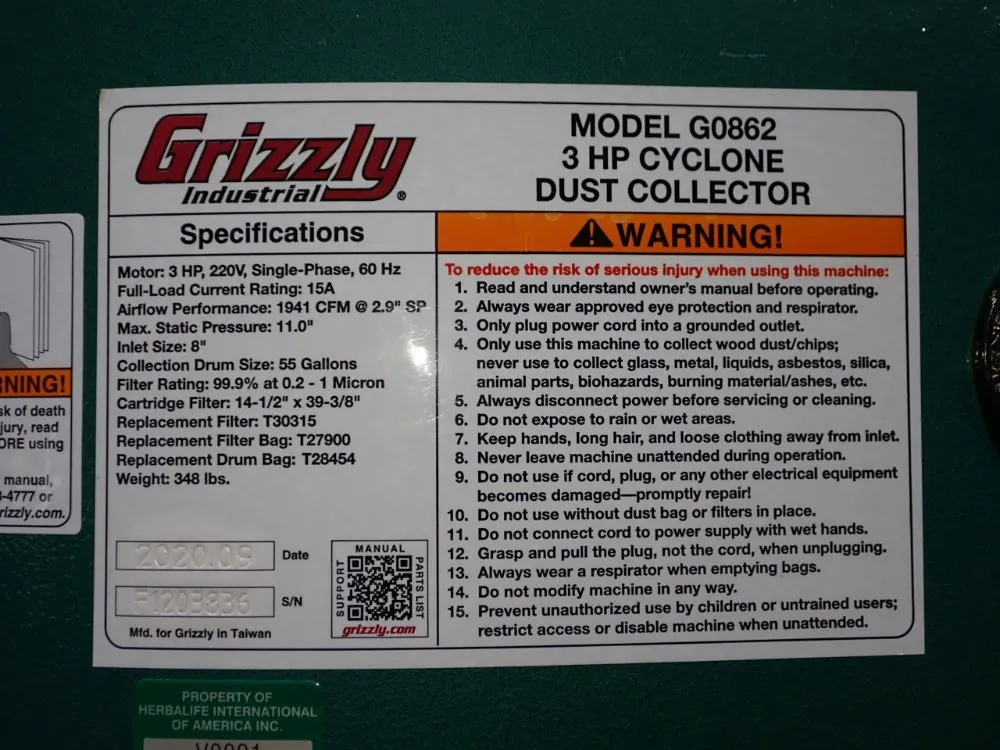 Grizzly 3 Hp Dust Collector - G0862