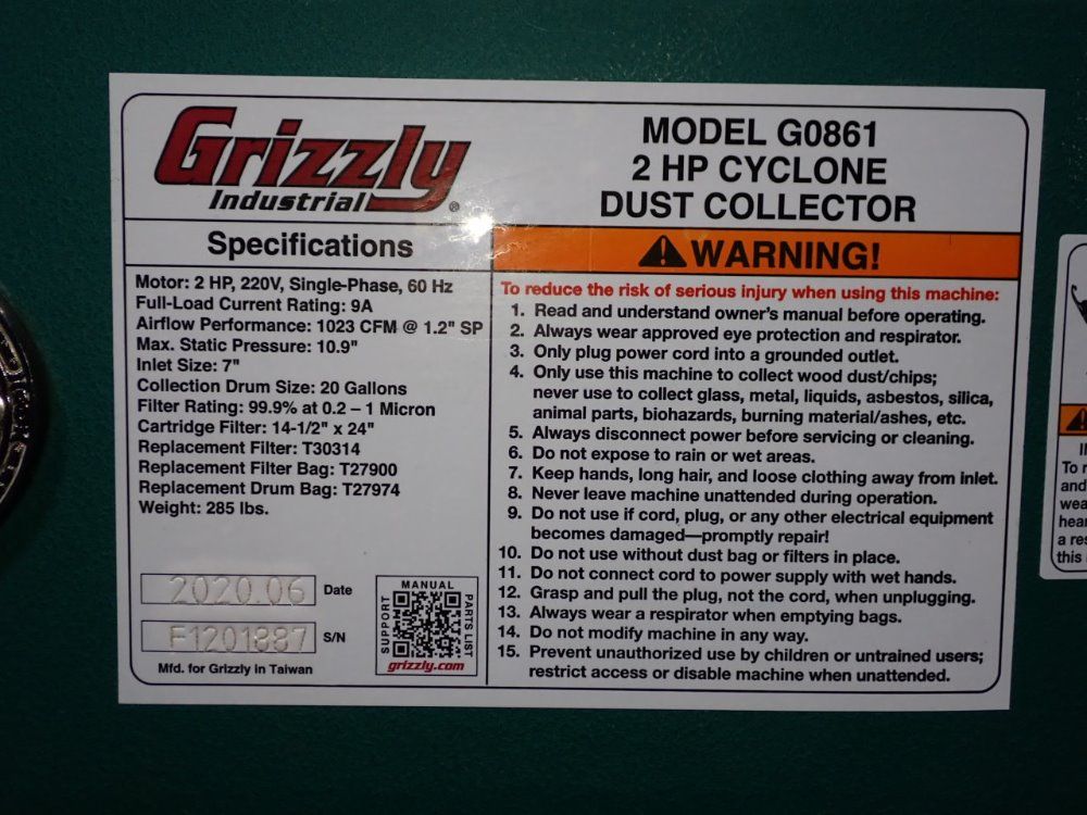 Grizzly 2 Hp Dust Collector - G0861