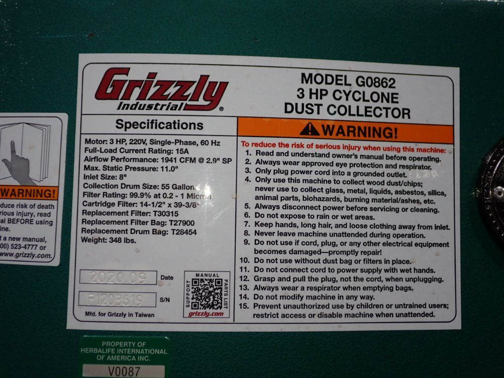 Grizzly 3 Hp Dust Collector - G0862
