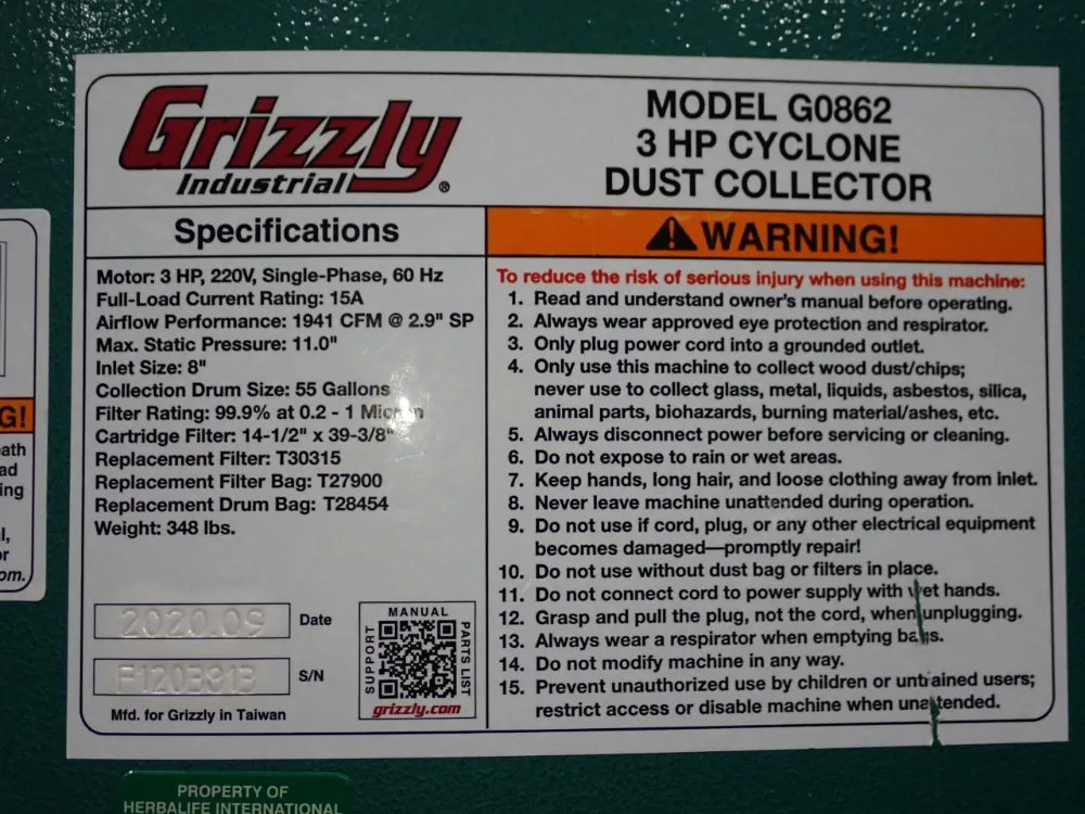 Grizzly 3 Hp Dust Collector - G0862