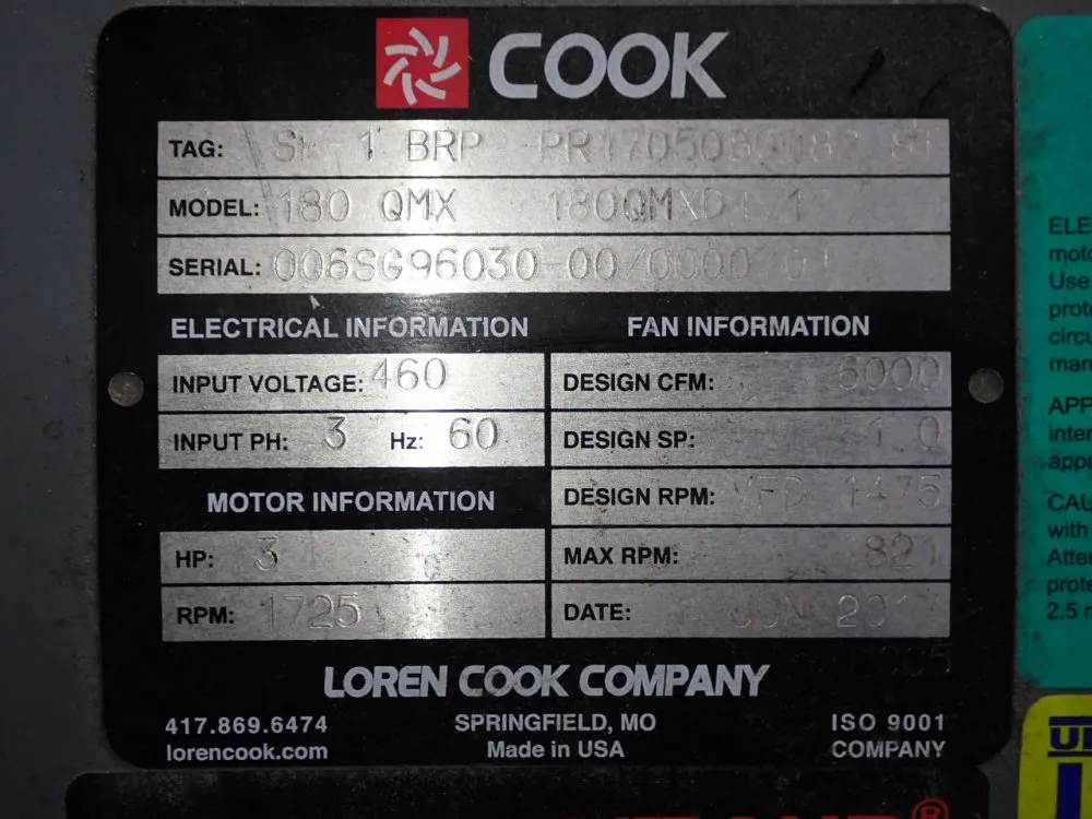 Loren Cook Company 3 Hp Blower - 180 Qmx 1800md1717