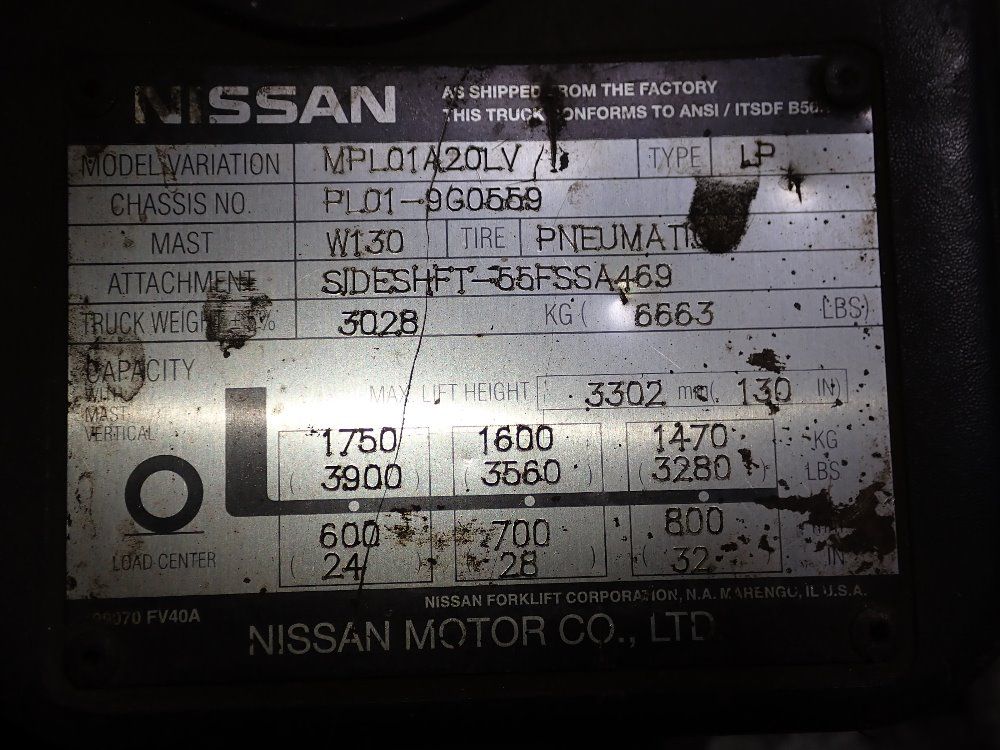 Nissan 3900 Lbs Propane Forklift - Mpl01a20lv