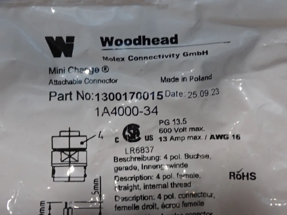Woodhead 600 V Attachable Connector - 1a4000-34