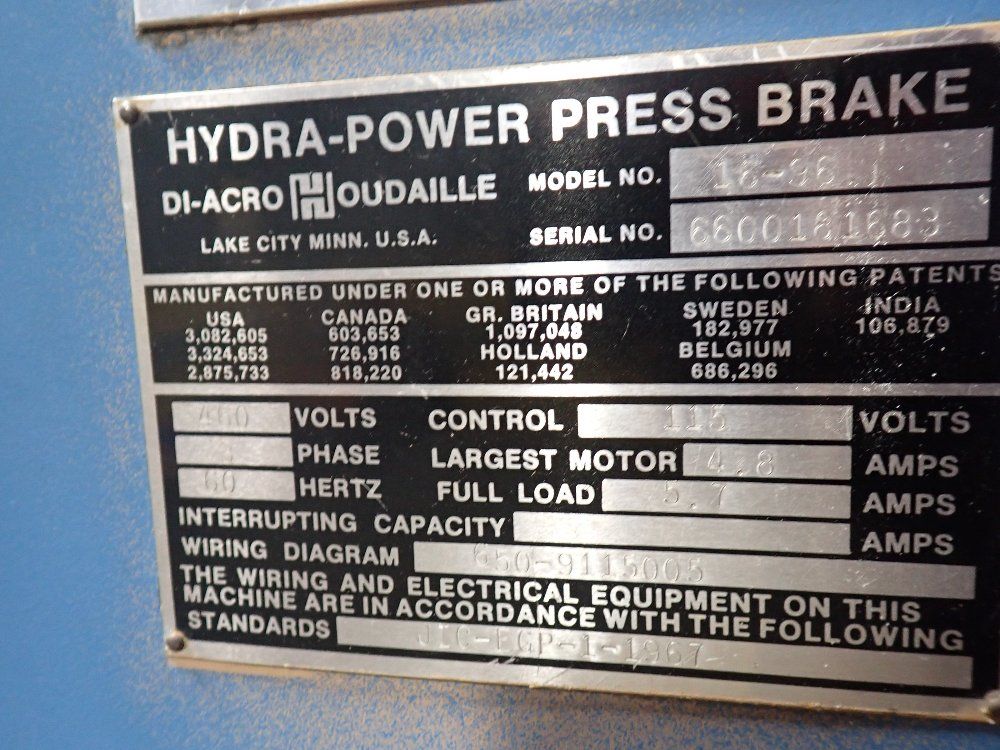 Di-acro Houdaille 96" X 10" Press Brake - 16-96