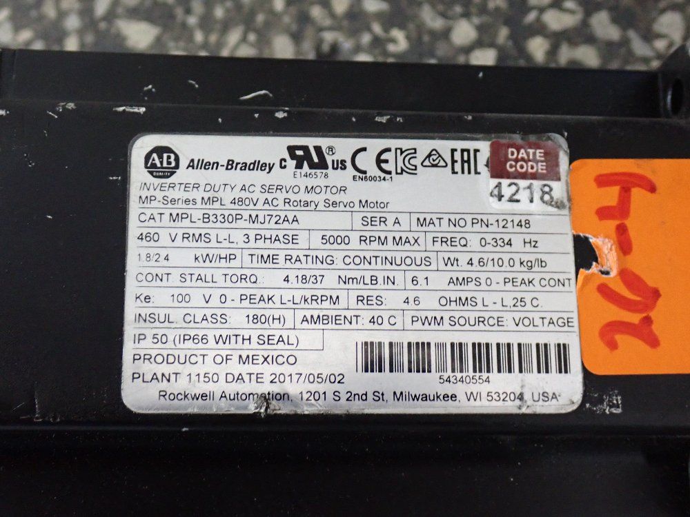 Allen-bradley 2.4 Hp Motor - Mpl-b3309-mj72aa