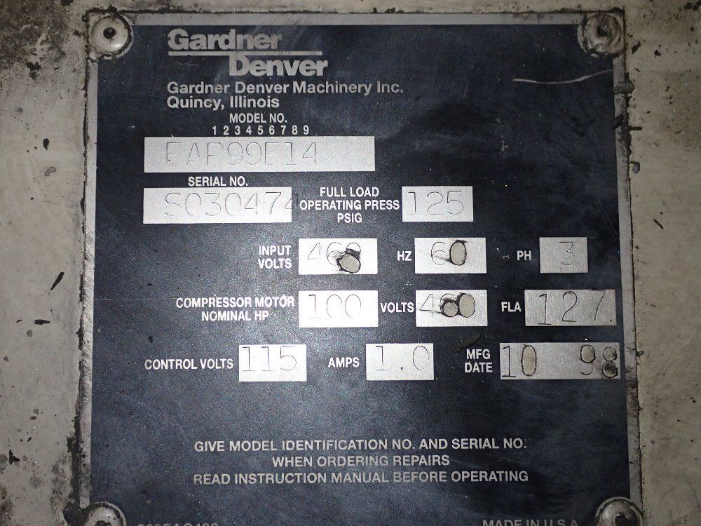 Gardner Denver 100 Hp Air Compressor - Eap99e14