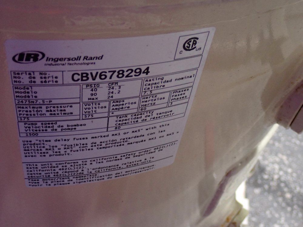 Ingersoll Rand 7.5 Hp Air Compressor - 2475n7.5p