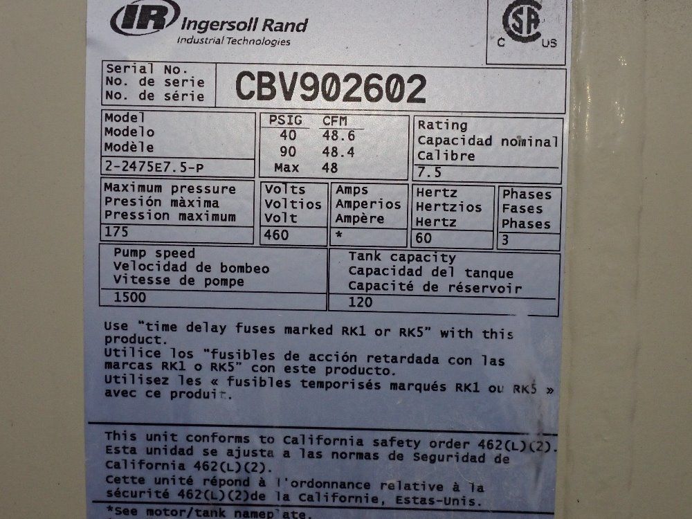 Ingersoll Rand (2) 7.5 Hp Dual Air Compressor - 2-2475e7.5-p